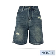 Niyom jeans รุ่น NYJ69.1 กางเกงขาสั้น ผ้าไม่ยืด สียีนส์เข้ม แต่งขาด