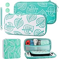 GLDRAM Green Carrying Case Bundle for Nintendo Switch and OLED Modle, Switch Travel Case Protector for Animal Leaf Crossing, Carrying Accessories Kit with Strap, Game Card Case Holder, Thumb Caps