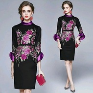 midi dress sleeve floral flower bordir embroidery orang tua premium europe paris dress gaun pesta we