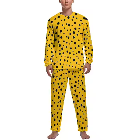 Yellow And Black Polka Dots Pajamas Autumn 2 Pieces Trendy Pajama Sets Male Long Sleeve Aesthetic De