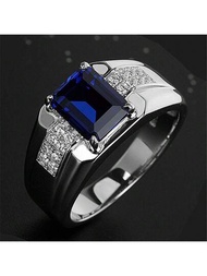 1入時尚方形藍寶石裝飾男戒,可調節開口戒指適用於商務和禮物