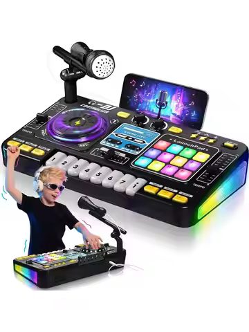 DJ Mixer for Kids, Toddler DJ Mixing Table with DJ Turntable, Game Mode, Light & Speed Control and M