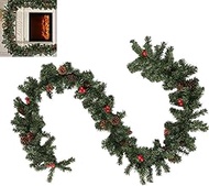 9FT/2.7M Christmas Green Garland with Pine Cones Red Berry Artificial Garland for Home Garden Stairs Fireplace Christmas Tree Decorations