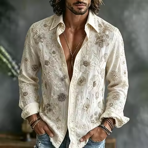 New Bohemian Retro Top with Rice Background Full Version Daisy Flower Linen Long Sleeve Shirt Clothi