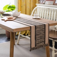 New 4/6/8/10 Seaters Cotton Natural Color And Black Contrast  Collision Table Runner Woven Tassel Ko