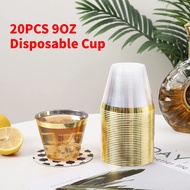 20PCS 9OZ Disposable Plastic Gold-rimmed Wine Glasses Dessert Mousse Cups Beverage Cocktail Glasses