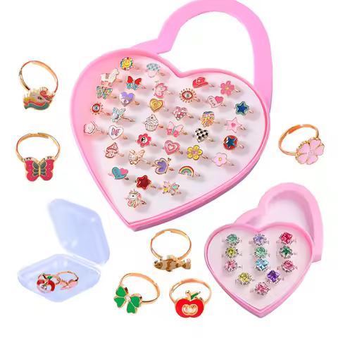 6/12/36pcs Cute Adjustable Rings Children Girls Pretend Play Makeup Toys Cartoon Crystal Jewelry All