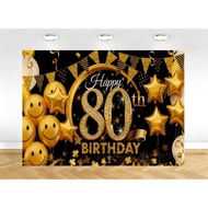 Golden 80th Happy Birthday Party Banner Photography Backdrop Balloon Star Emoji Photography Backgrou
