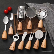 Korean-Style Smiley Tableware Set Kitchen Gadget Set Wooden Handle Butter Knife Spoon Fork Pizza Cutter Egg Beater NBLE