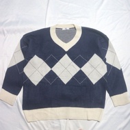 RIDER Vneck Ketupat Argyle Navy Cream Korean Knitwear Sweater Sweatshirt Crewneck Knit Wool Jacket