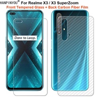 For Realme X3 / SuperZoom 6.6" 1 Set = Back Carbon Fiber Film Sticker + Clear Front Clear Tempered Glass Screen Protector Guard
