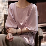 Cicada Feather Shirt - Stretch Heavy Crepe Mulberry Silk with Double-Layer Puff Sleeves | Summer Wom