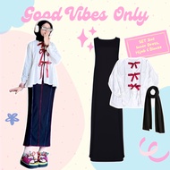 Coquette Outfit Set 3 in 1 Black Inner Dress + White Ribbon Blouse + Hijab | BJ20 Fashionable Selebg