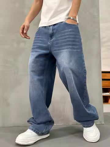 1Pc Men's Wide Pants Brushed Jeans Wide Jeans Y2K New Rocks Jeans Buggy Black Hip-Hop Pants