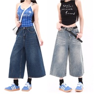 VELIN S-4XL Plus Size Capri Pants Women Retro Plain High Waist Wide Leg Short Pants Korean Denim Sho