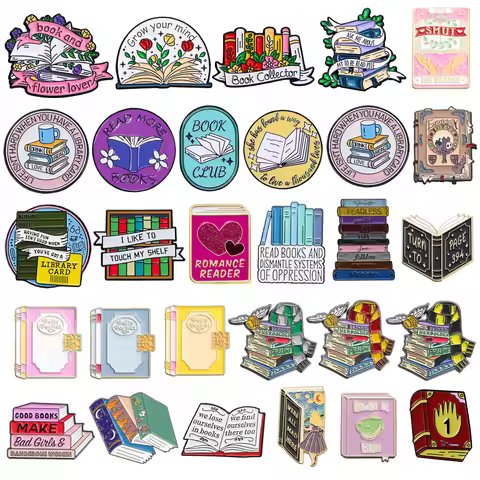 Creative Books Collection Enamel Brooch Flowers Romantic Reader Book Club Magic Library Card Metal B