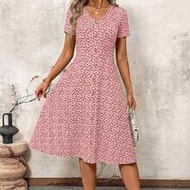 V-Neck Button Pink Floral Polka Dot Waist Cinched Women Dress,Spring Clothes,Valentine Day Dress,Sum