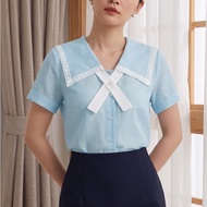 Sweet Elegant Blue Linen Women's Shirt Sailor Collar Lace White Bow - GIA AN SM124