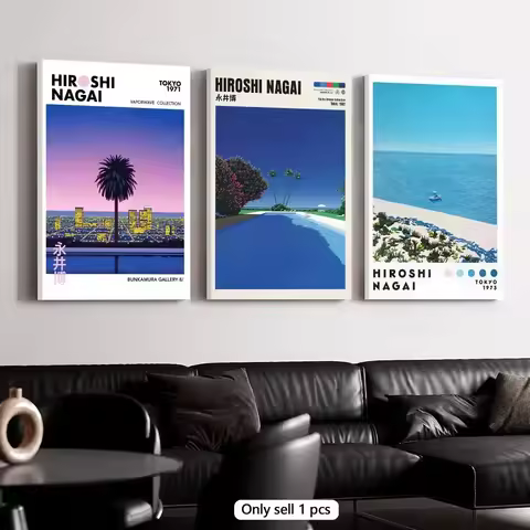 H-Hiroshi Nagai Azure Open Spaces Painting Calligraphy Framed Canvas Wall Art Poster Solid Wood Fram