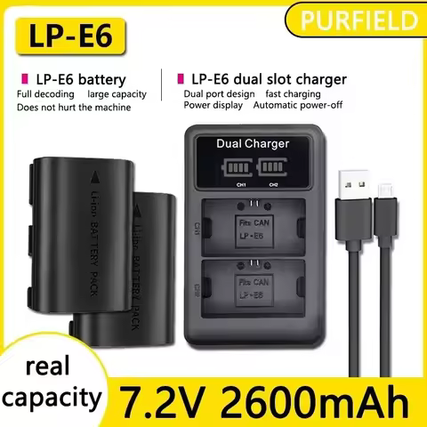PURFIELD 2600mAh 7.2V LP-E6 LP E6 E6N Battery + LED Dual Charger For Canon EOS 5DS R 5D Mark II 5D M