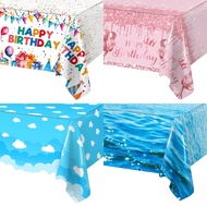 220*130cm PE Happy Birthday Tablecloth Waterproof Rectangular Table Cover Ocean Waves Table Cover Bi
