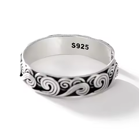 Sole Memory Ethnic Retro Good Luck Cloud Wave 925 Sterling Silver Fine Resizable Opening Ring For Wo
