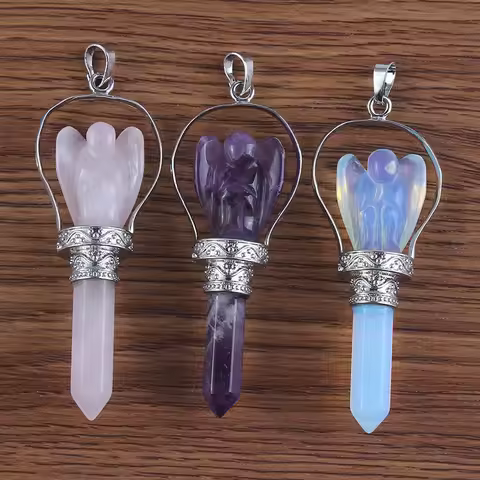 Crystal Angel Pendant Pendulums For Dowsing Divination Natural Healing Amethyst Rose Quartz Hexagona