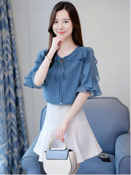 Áo sơ mi voan nữ 2 lớp kiểu tay lỡ phối bèo thân và tay áo cổ áo thắt dây nơ Hàn Quốc