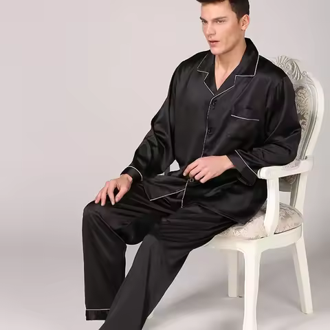 Extra Large Size 100kg -150KG Euro US 5XL Ice Silk Pajamas Men's Long-sleeved Solid Color Suit Forei