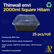 THINWALL HITAM 2000 ML SQUARE + TUTUP CLEAR MEREK ENVI PREMIUM HARGA 200 PCS