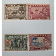 Pos Used Stamps Malaya Ricefield 4cents, Mosque 5cents, Tapping Rubber 6cents, Government Offices $1
