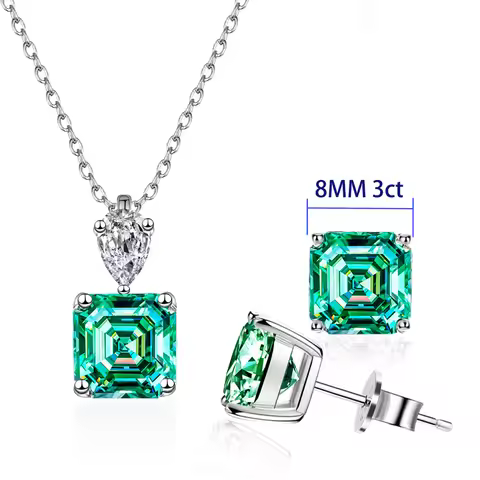 100% Genuine 3ct Square Moissanite Necklace Earring Set with Certificate Passed Diamond Test Women's