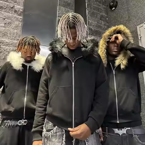 Dark Faux Fur Collar Harajuku Hiphop Y2K Zip up hoodie Oversized Punk Zipper Hoodie sweatshirt Retro