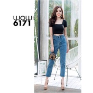 ป้าย WOW กางเกงยีนส์ผู้หญิง ทรงบอย-ยืด เอวสูง เรียบๆ มี 2 สี