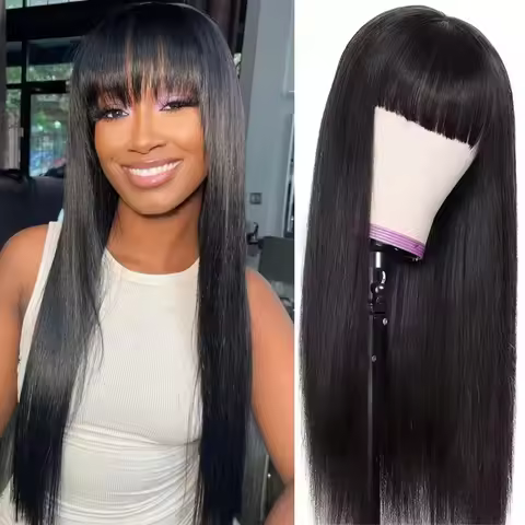 Straight Human Hair Wig With Bangs 100% Human Hair Wigs Brazilian Straight Wig Full Machine Made Wig
