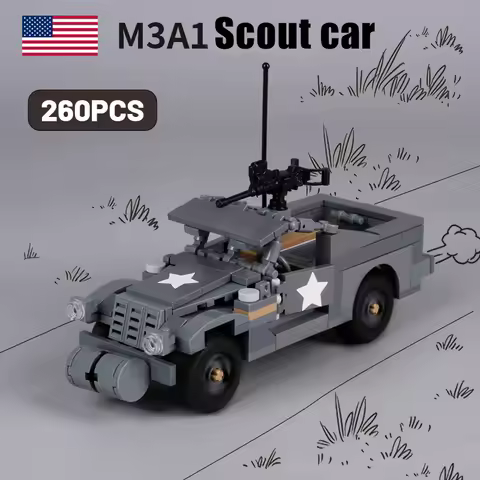 WW2 Military Army USA Vehicle M3A1 Scout Car Building Blocks Model War Scene Battlefield Soldier Gun