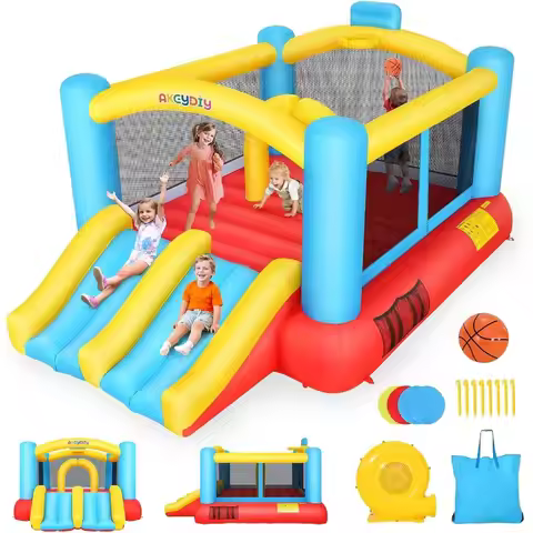 Inflatable Bounce House for 3-12 12.3FTx9FT Obstacle Bounce House with Dual Racing Slide Basketball 