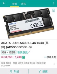 [99.99新32GB SO-DIMM]ADATA DDR5 5600 16GB×2 筆記簿電腦記憶體。