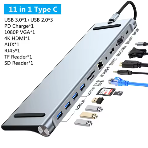 11/12-in-1 Type C Dock USB C Hub 3.0 Splitter Multiport Adapter 4K RJ45 SD/TF VGA HDMI-compatible La