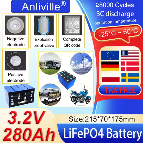 1~24PCS New 3.2V 280Ah Lifepo4 Rechargable Battery Grade A 3C Lithium Iron Phosphate Prismatic DIY 1