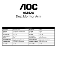 Aoc Am420 Dual Monitor Arm For 17"- 34"" (Est 2-9kg) Vesa Mount 75 Or 100 Full Range Of Motion With 