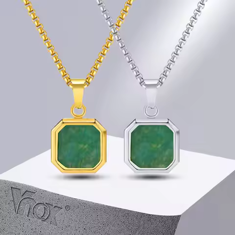 Vnox Square Natural Stone Necklace for Men Women, Stainless Steel Geometric Pendant Collar with Box 