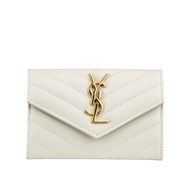 【YSL】山形紋荔枝皮金字logo小卡/短夾(復古白)/ 平行輸入
