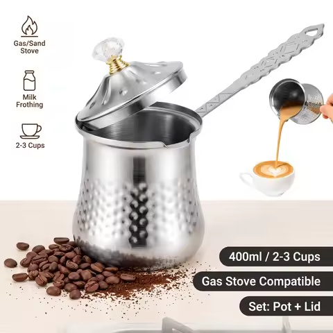 400ml Turkish Coffee Pot Stainless Steel Arabic Coffee Pot Hammered Cezve Greek Coffee Pot with Hand