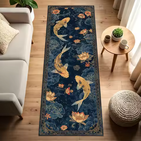 Oriental Serenity Runner Rug Navy Blue With Golden Koi And Pink Lotus Calming Zen Decor For Meditati