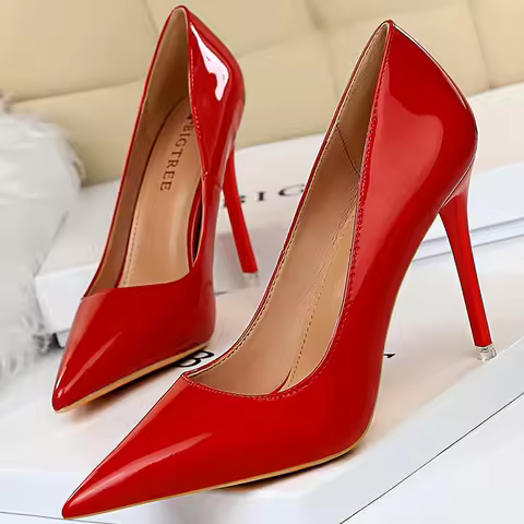 BIGTREE Shoes Patent Leather Shoes Woman Pumps High Heels Stiletto Heels 10.5 Cm Red Wedding Shoes B