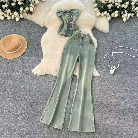 Two Pieces Women Pant Set Denim Matching Set Button Pocket Strapless Top Zipper Empire Waist Full Le