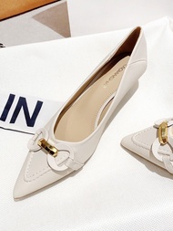 รองเท้าส้นเตี้ยหัวแหลมสไตล์เกาหลีสำหรับผู้หญิง รองเท้าส้นบางหุ้มข้อสวมใส่สบาย ทรงหัวแหลม รองเท้าส้นเ