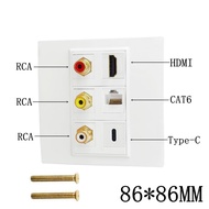 6-Ports Multimedia Wall Plate HDMI + RJ45 Cat6 + Type-C + 3*RCA Flush Mount Gigabit Network & 4K@60H