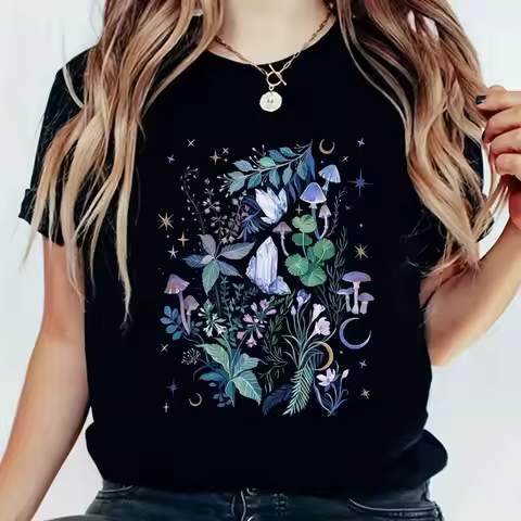Mystical Nature Graphic T Shirt Unisex Bohemian Floral Crystal Mushroom Dragonfly Print Casual Short